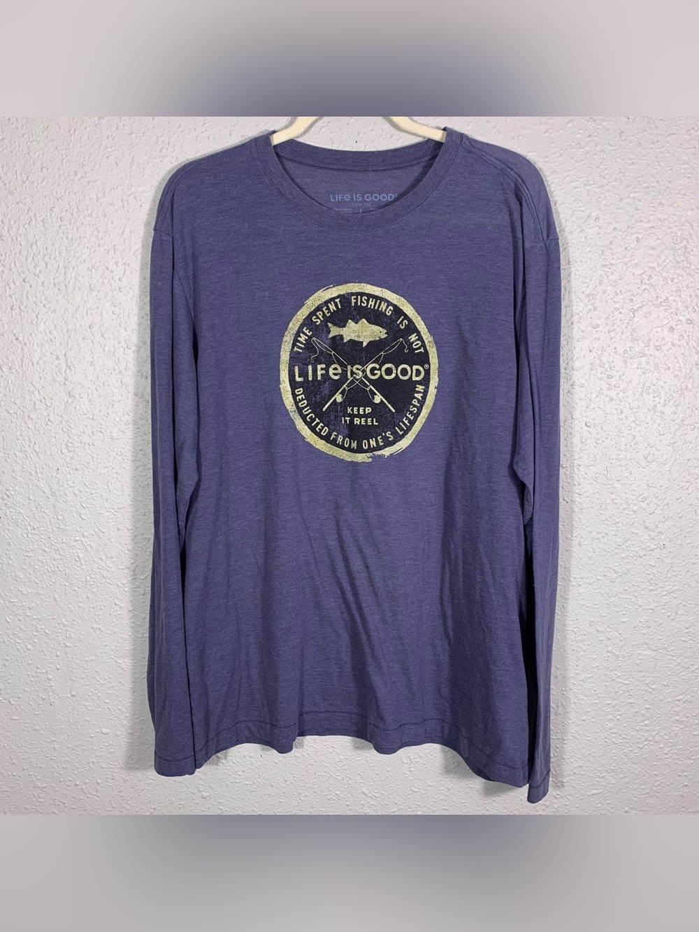 Life was s GOOD Mens “Fishing”  Screen Print Blue Long Sleeve Cool Tee size L